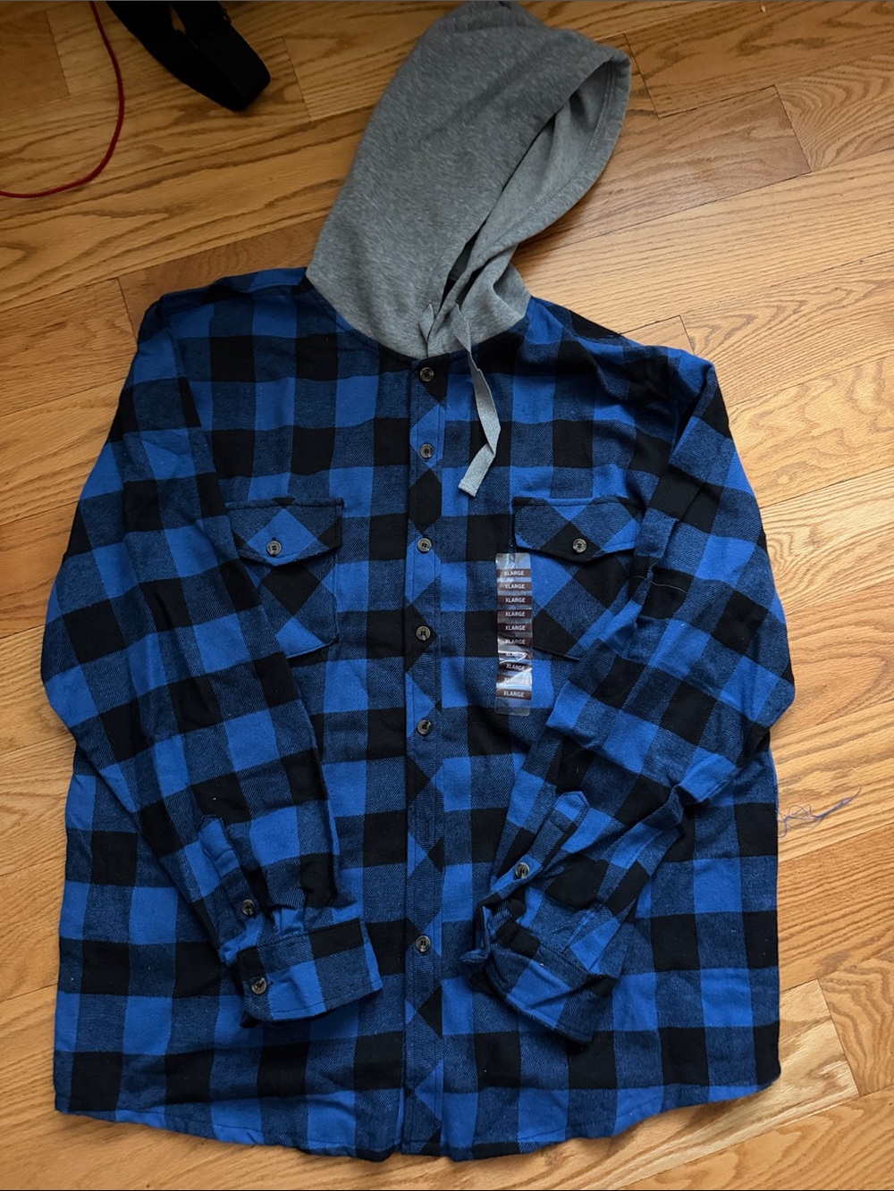 Mountain Expeditions Blue and Black Plaid Hooded Flannel Shirt
